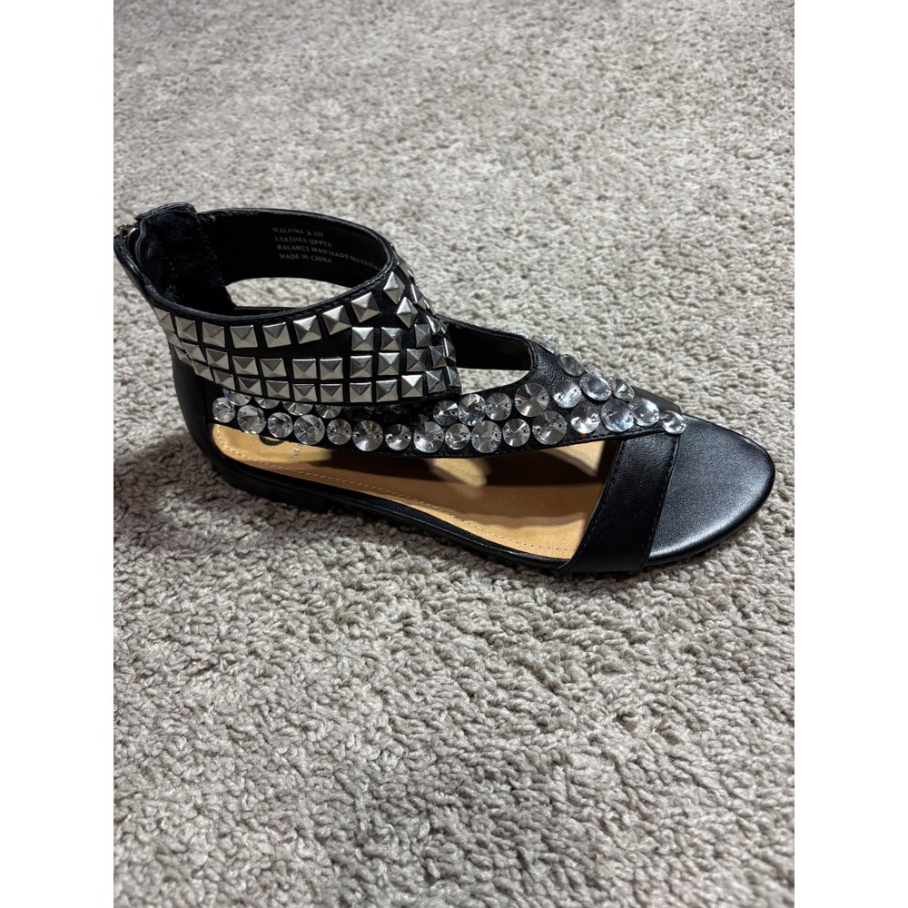 Kelsi Dagger Malaina Black Leather Studded Crystal Flat Sandals Womens 6.5M